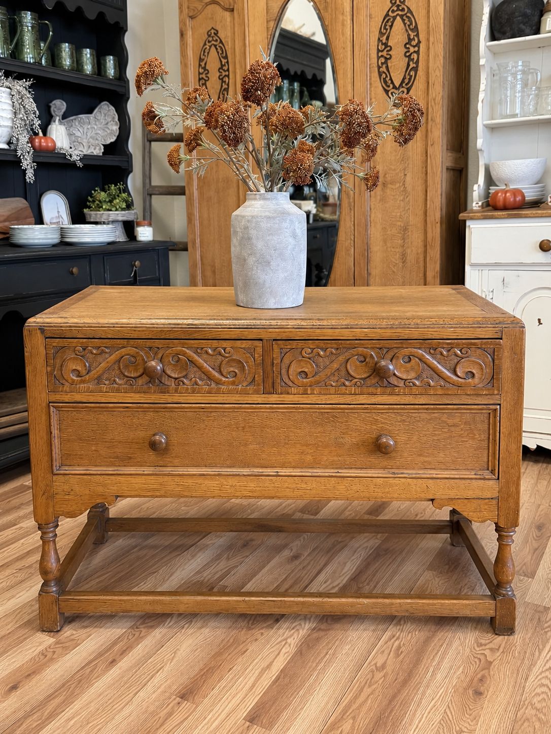 Antique Oak Cabinet, 3 Drawers