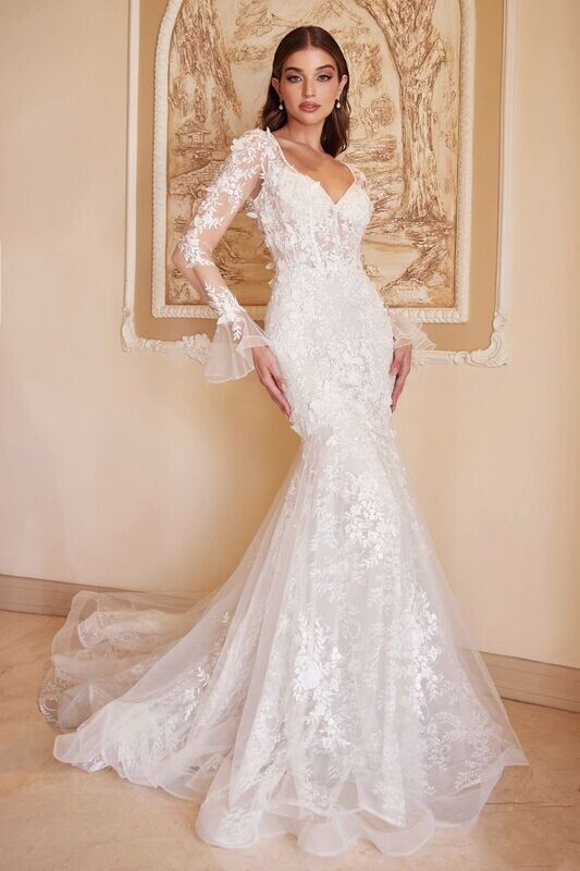 Giselle Vintage Appliqué Sheer Long Sleeves Mermaid Boho Floral Bridal & Wedding Dress CDA1073W