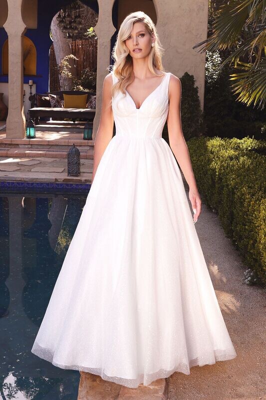 Glitter Bridal Formal Shimmering V-neck Pointy Open Back Bodice A-line with Pockets Ball & Wedding Dress CDCB077W