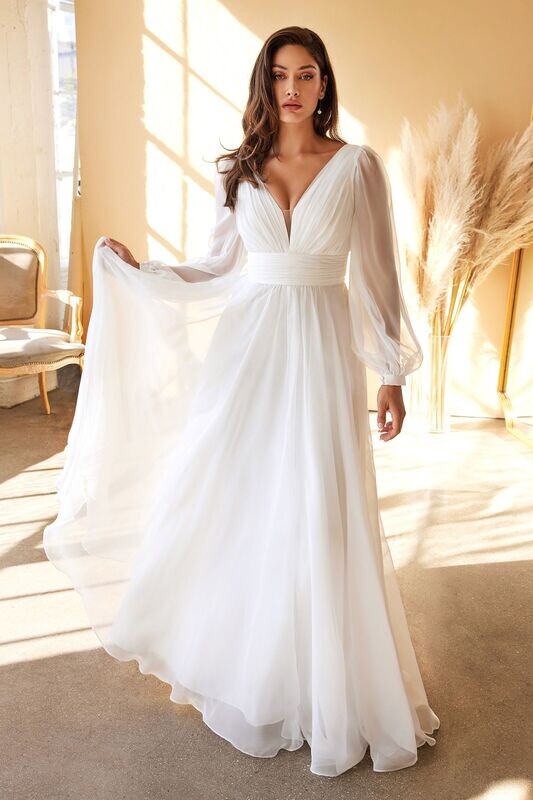 Long Sleeve Layered Belted Skirt Chiffon with Plunging V Neckline and V-Back Modern Bride Wedding Dress CDCD0192W
