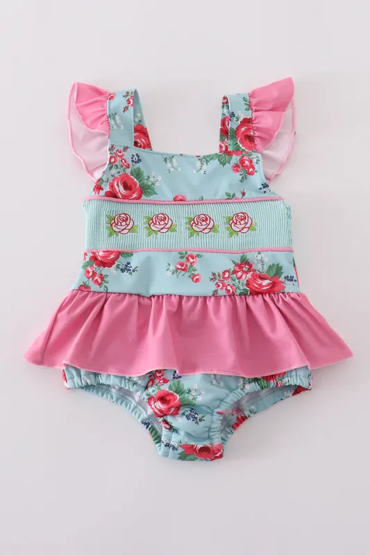 1pc Rose Bud Smocked Swimsuit