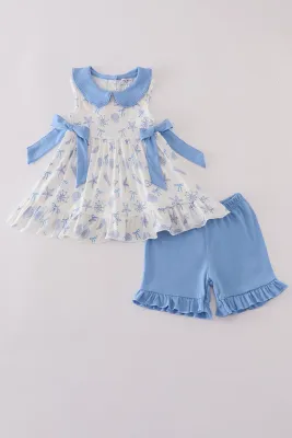 Blue Seashell Bow Shorts Set