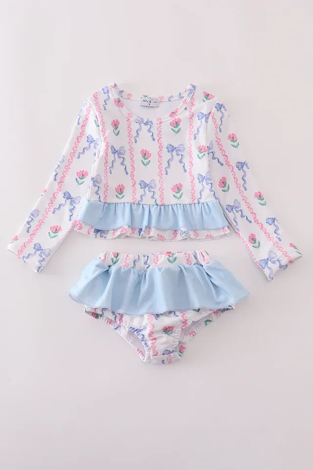 Blue Floral Bow Swimsuit UPF50+