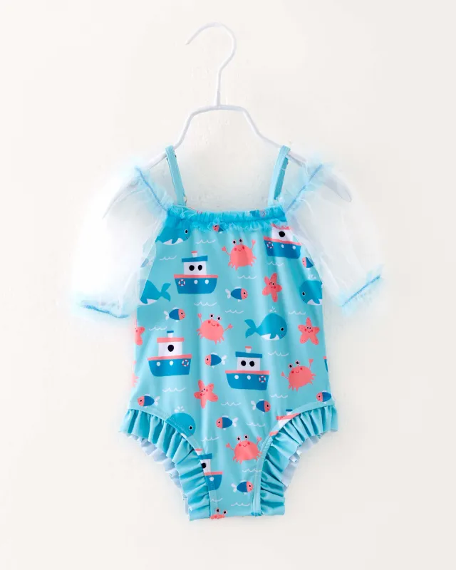 Blue Sea Ruffle One Piece Swimsuit
