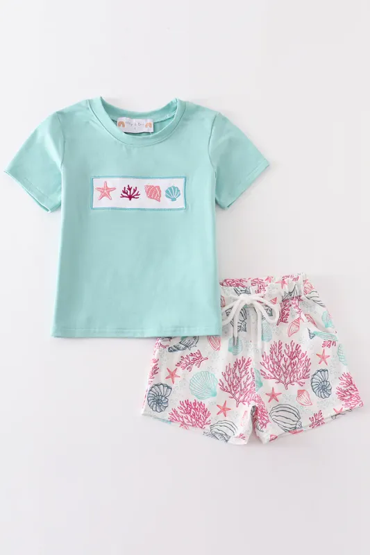 Mint Shell Embroidery Boy Set