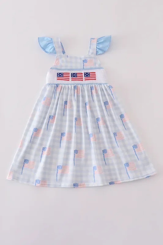 Blue Flag Embroidery Smocked Dress
