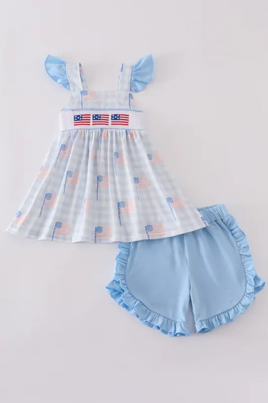 Blue Flag Embroidery Smocked Shorts Set