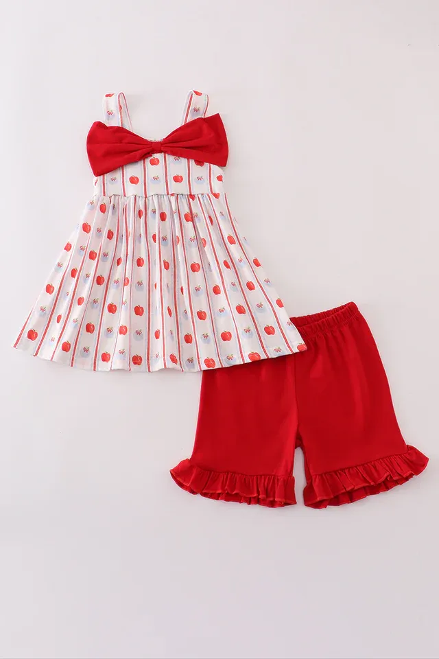 Red Apple Bow Shorts Set
