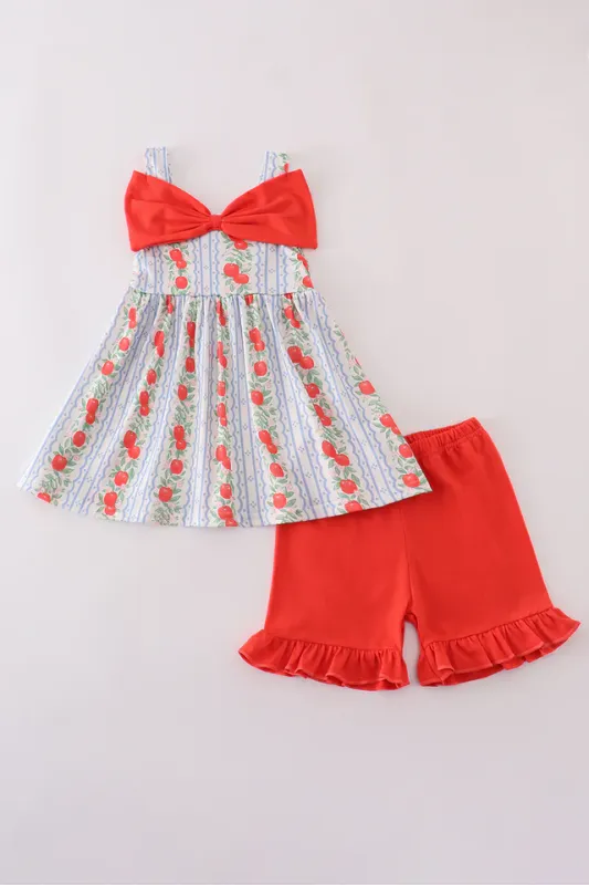 Apple Print Bow Shorts Set