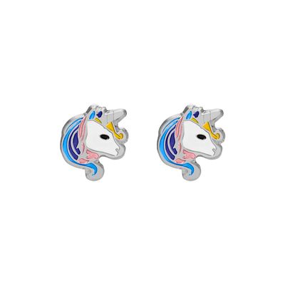 Enamel Unicorn head Studs Gold 14K.