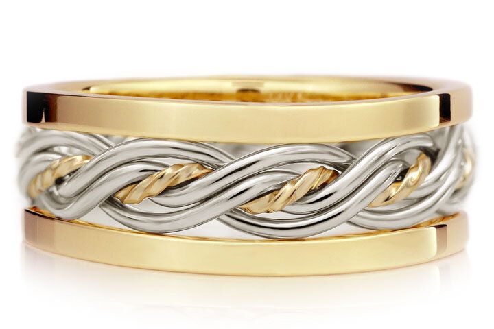 Five Strand Twist Weave Ring with Outer Bands - Two-Tone Braid Platinum & 18k Yellow Gold