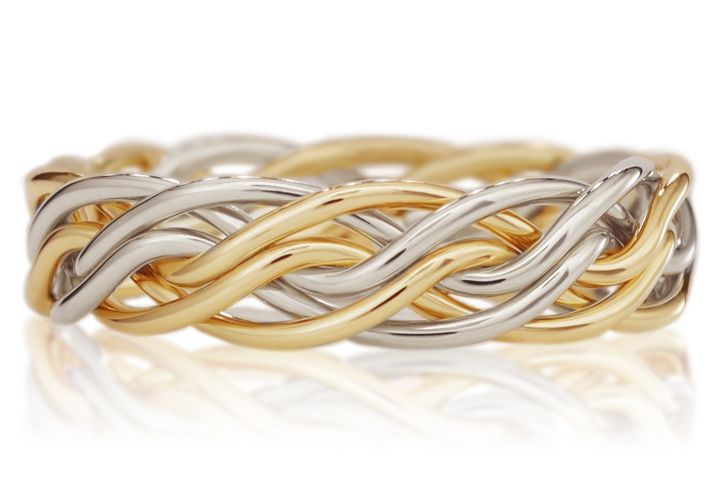 Six Strand Open Weave Ring - Intertwined Two Tone Braid Platinum & 18k Yellow Gold