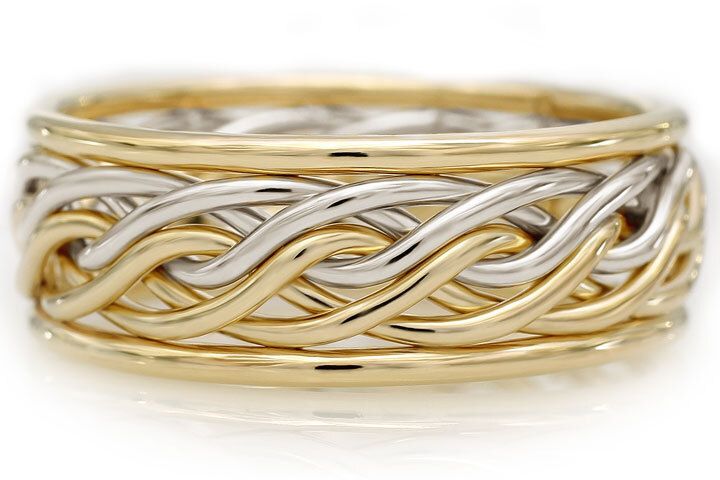 Six Strand Open Weave Ring with Outer Bands - Two-Tone Braid Platinum & 18k Yellow Gold