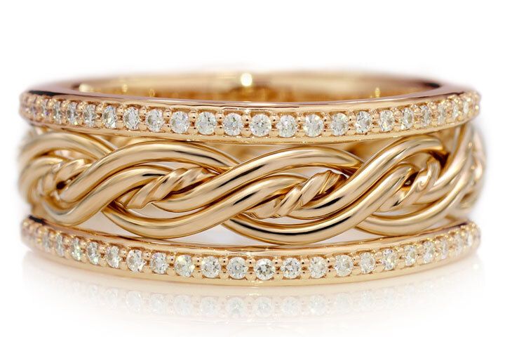 Five Strand Twist Weave Ring with Diamond Outer Bands in 14k Yellow Gold