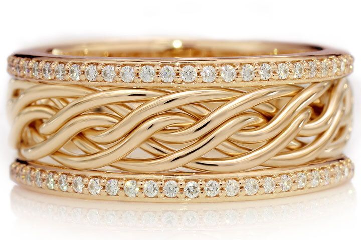 Six Strand Open Weave Ring with Diamond Outer Bands -14k Yellow Gold