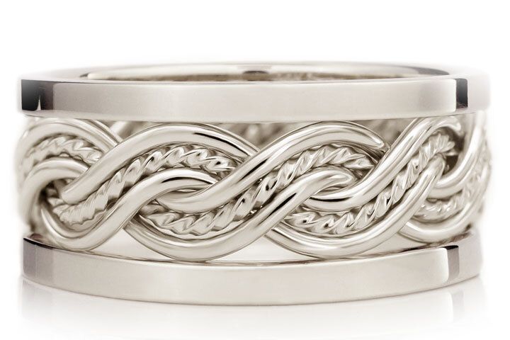 Six Strand Closed Weave Ring with Outer Bands Platinum