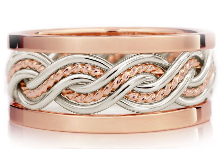 Six Strand Closed Weave Ring with Outer Bands - Two-Tone Braid Platinum & 14k Rose Gold