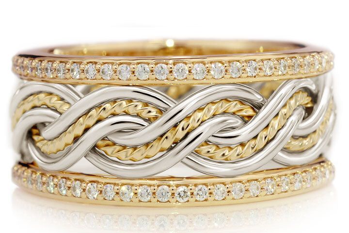 Six Strand Closed Weave Ring with Diamond Outer Bands - Two-Tone Braid Platinum & 18k Yellow Gold