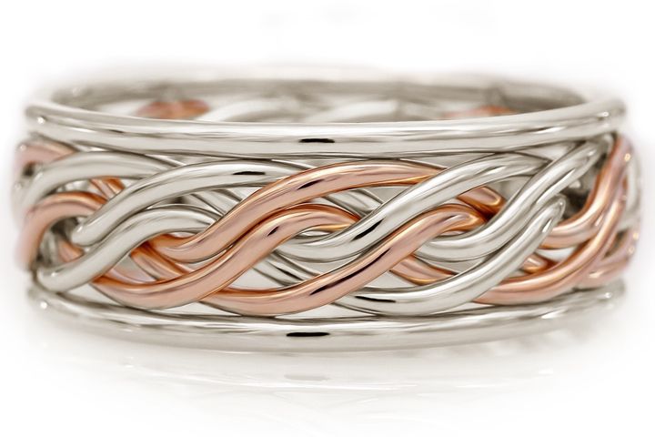 Six Strand Open Weave Ring with Outer Bands - Intertwined Two-Tone Braid Platinum/14k Rose Gold