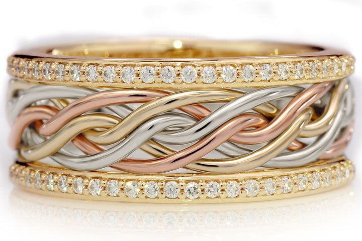 Six Strand Open Weave Ring With Diamond Outer Bands - Tri-Tone Braid In 14k Rose Gold, 18k Yellow Gold & Platinum