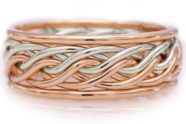 Six Strand Open Weave Ring with Outer Bands -Two-Tone Braid Platinum & 14k Rose Gold