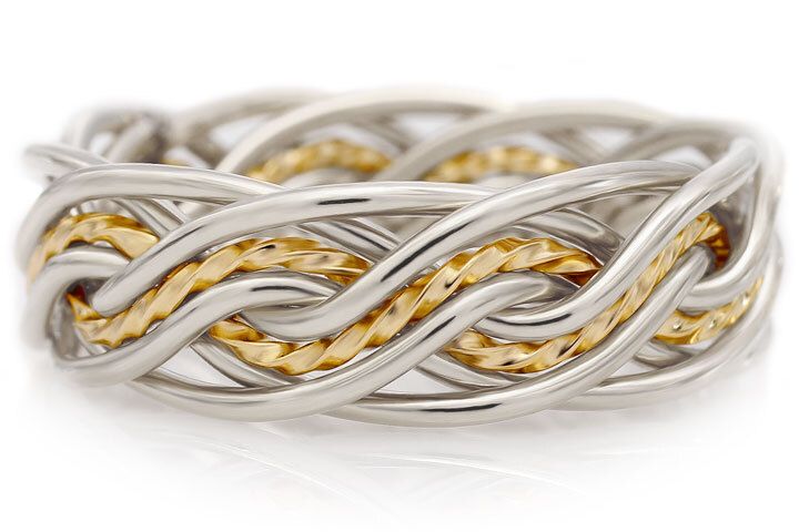 Eight Strand Double Weave Ring - Two Tone Braid Platinum & 18k Yellow Gold