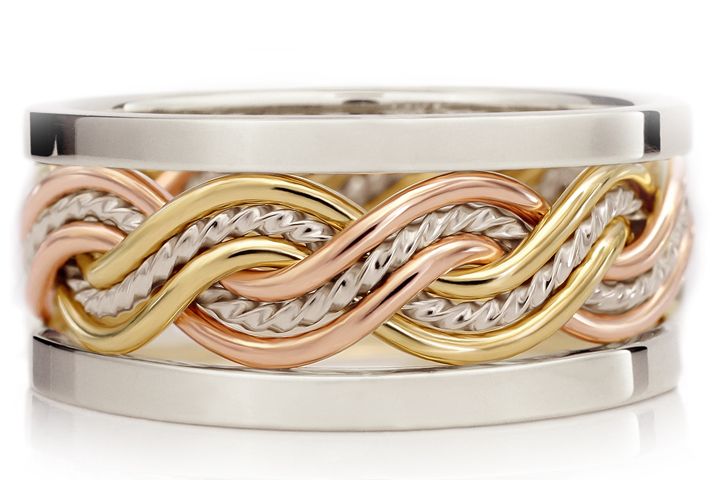 Six Strand Closed Weave with Outer Bands Tri-tone Ring