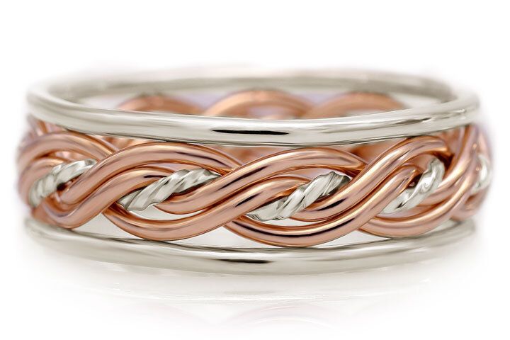 Five Strand Twist Weave Ring with Outer Bands -Two-Tone Braid Platinum & 14k Rose Gold