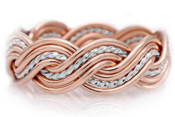 Eight Strand Closed Weave Two Tone Ring - Platinum & 14k Rose Gold