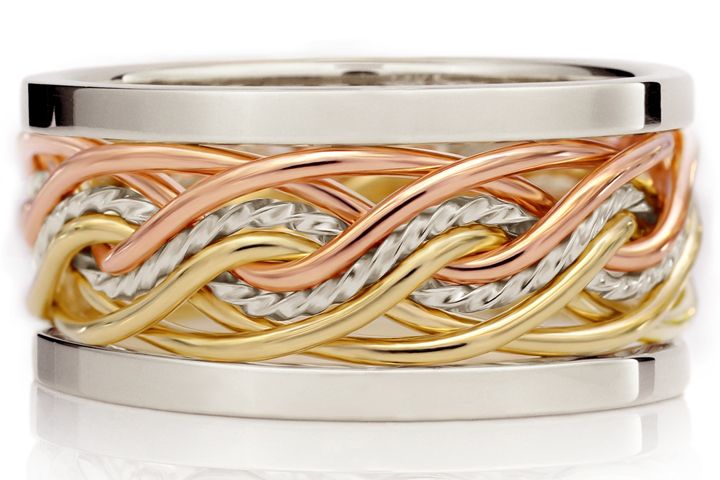 Eight Strand Double Weave Ring with Outer Bands - Tri-Tone Braid