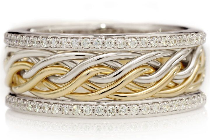 Six Strand Open Weave Ring with Diamond Outer Bands - Two-Tone Braid Platinum & 18k Yellow Gold