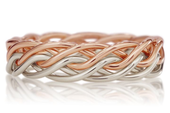 Six Strand Open Weave Ring - Two Tone Braid Platinum & 14k Rose Gold