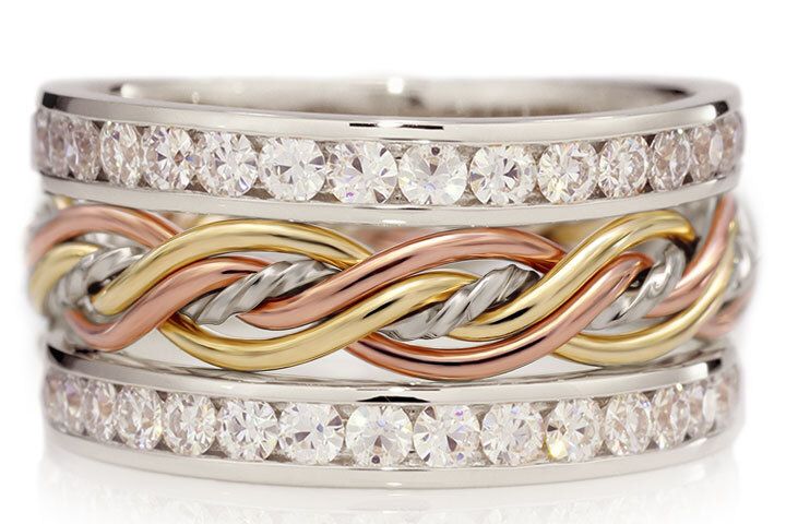Five Strand Twist Weave Ring with Diamond Outer Bands - Tri-Tone