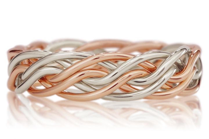 Six Strand Open Weave Ring - Intertwined Two Tone Braid Platinum & 14k Rose Gold