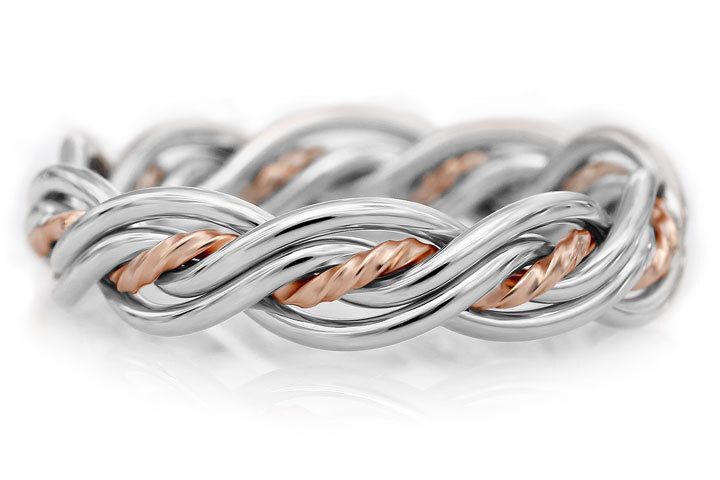 Five Strand Twist Weave Ring -Two-Tone Braid Platinum & 14k Rose Gold