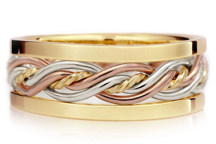 Five Strand Twist Weave Ring with Outer Bands - Tri-Tone