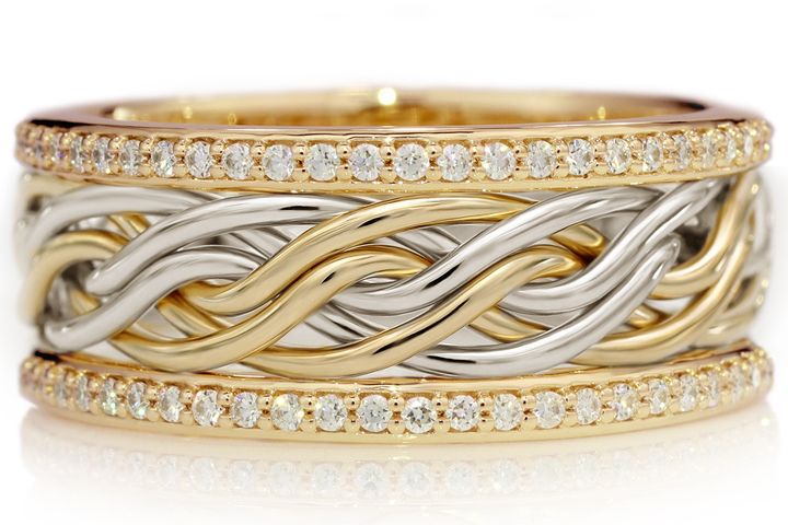 Six Strand Open Weave Ring with Diamond Outer Bands - Intertwined Two-Tone Braid Platinum & 18k Yellow Gold