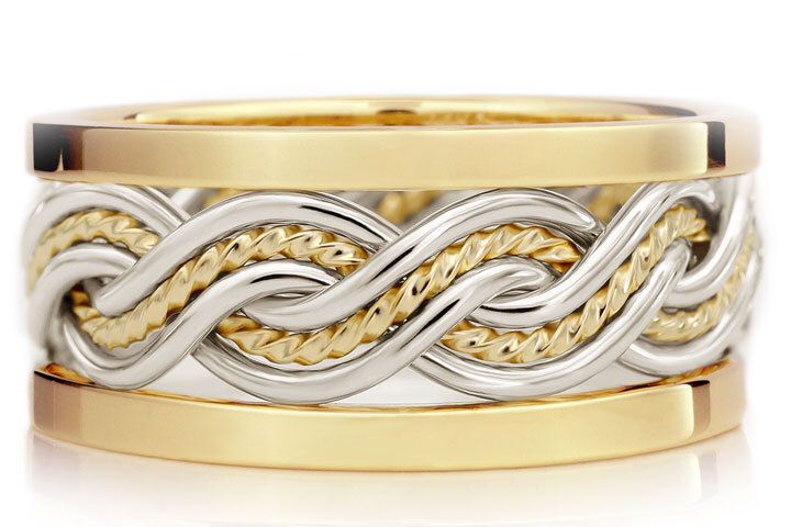Six Strand Closed Weave Ring with Outer Bands - Two-Tone Braid Platinum & 18k Yellow Gold