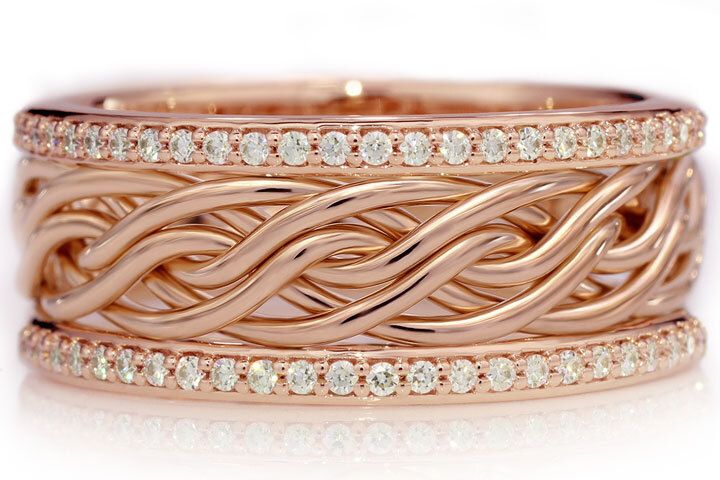 Six Strand Open Weave Ring with Diamond Outer Bands -14k Rose Gold