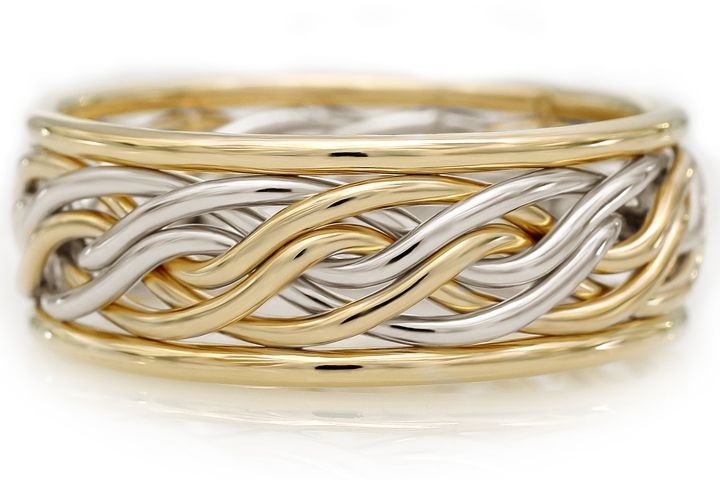 Six Strand Open Weave Ring with Outer Bands - Intertwined Two-Tone Braid Platinum & 18k Yellow Gold