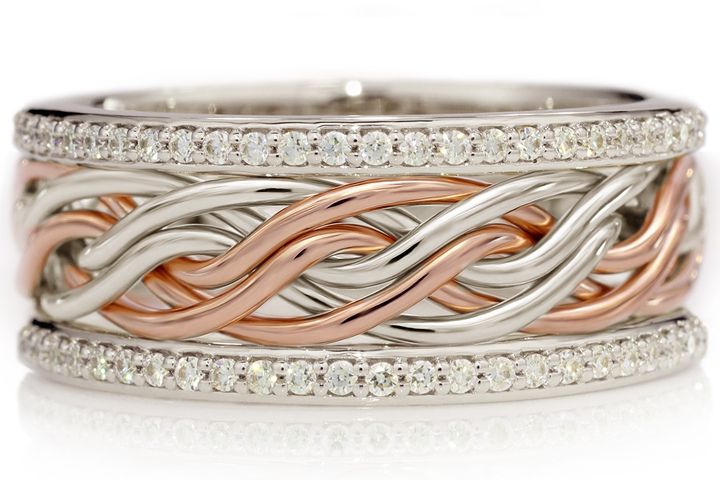 Six Strand Open Weave Ring with Diamond Outer Bands - Intertwined Two-Tone Braid Platinum/14k Rose Gold