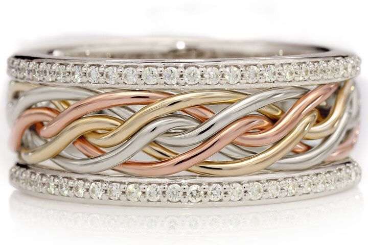 Six Strand Open Weave Ring With Diamond Outer Bands - Tri-Tone Braid In 14k Rose Gold, 18k Yellow Gold & Platinum, Braid Width (~9.5mm Shown): DOB620VUTT (~8.5mm with Standard DOB), Choose Your Diamonds: Lab Grown Diamonds, Diamond Outer Bands: Standard Diamond Outer Bands, Outer Band Metal: Platinum