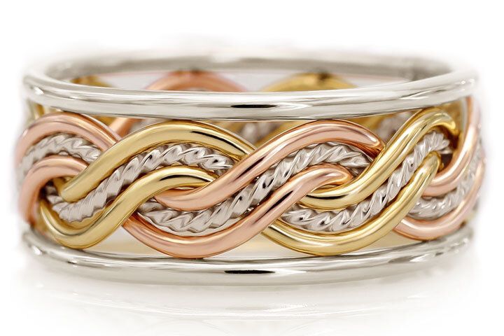 Six Strand Closed Weave with Outer Bands Tri-tone Ring, Outer Band Style: Round Outer Bands, Type of Tri-Tone: Signature Platinum