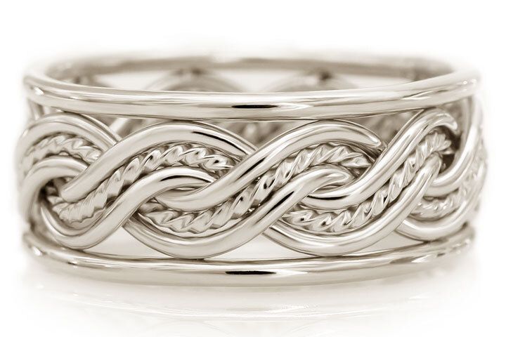 Six Strand Closed Weave Ring with Outer Bands Platinum, Braid Width (~8.1mm Shown): OB618CP (~8.1mm with Outer Bands), Outer Band Style: Round Outer Bands