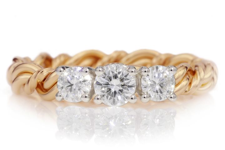 Cord of Three™ Trinity Engagement Ring, Couple Strands: 14k Yellow Gold for Both, Diamond Set: .33ct Center Diamond with .2ct Diamonds on Each Side (3/4 TCW), Diamonds: Lab-Grown Diamonds (F VS), God/Love Strand: 14k Yellow Gold