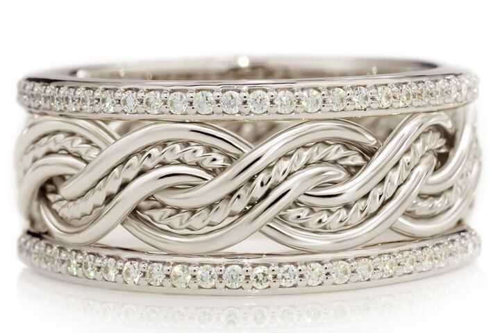 Six Strand Closed Weave Ring with Outer Bands - Platinum, Braid Width (~9.5mm Shown): DOB618VP (~9.5mm with Standard DOB), Diamond Outer Bands: Standard Diamond Outer Bands, Diamonds: Lab Grown Diamonds