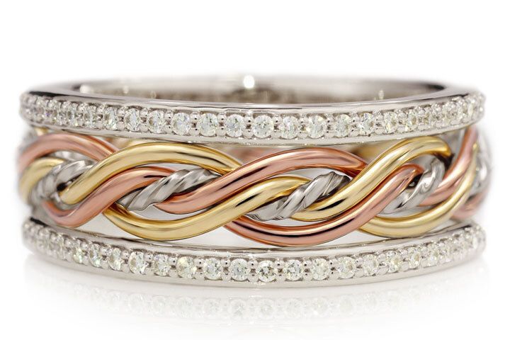 Five Strand Twist Weave Ring with Diamond Outer Bands - Tri-Tone, Braid Width: Slim (~8.8mm), Diamonds: Lab Grown Diamonds, Outer Band Type: Standard Diamond Outer Bands, Tri-Tone Option: Signature Platinum