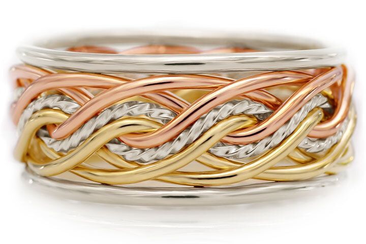 Eight Strand Double Weave Ring with Outer Bands - Tri-Tone Braid, Metal Combination: Signature Platinum, Outer Band Style: Round Outer Bands