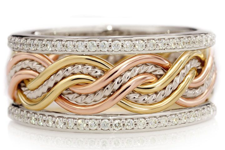 Six Strand Closed Weave with Diamond Outer Bands Tri-tone Ring, Diamonds: Lab-grown Diamonds, Outer Band Style: Standard Diamond Outer Bands, Type of Tri-Tone: Signature Platinum