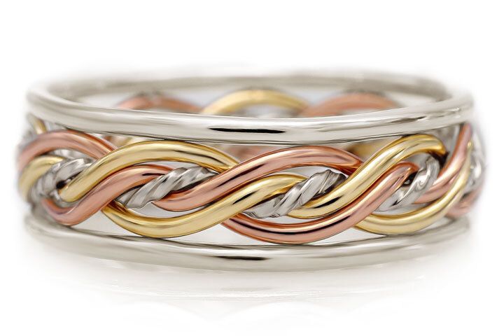 Five Strand Twist Weave Ring with Outer Bands - Tri-Tone, Braid Width: Slim (~7.4mm), Outer Band Style: Round Outer Bands, Tri-Tone Option: Signature Platinum